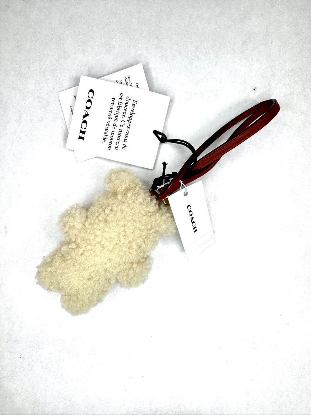 Coach Shearling Teddy Bear Bag Charm Keychain NWT Cream Sheepskin Leather Strap